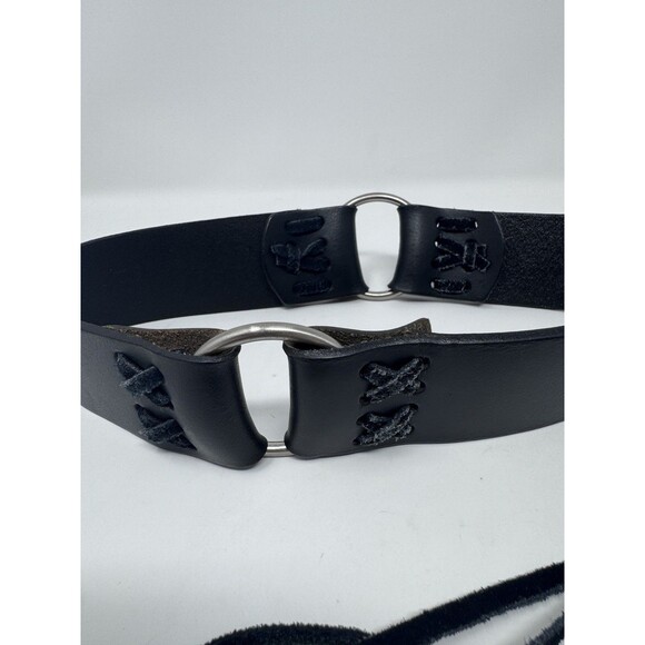 Lane Bryant Black Leather Belt Western Long Fringe Tie Metal Rings Country 22/28 - Picture 3 of 7